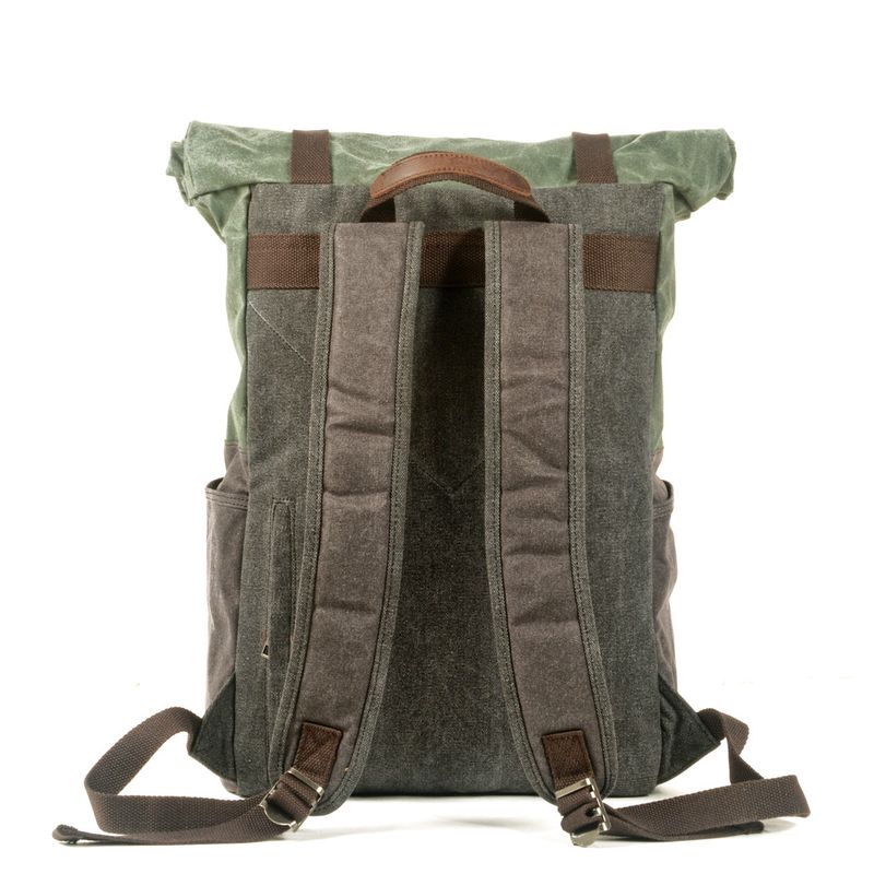 LazyZoom Oil Wax Canvas Color-Block Outdoor Hiking Travel Climbing Backpack Student School Bag_voghion.com