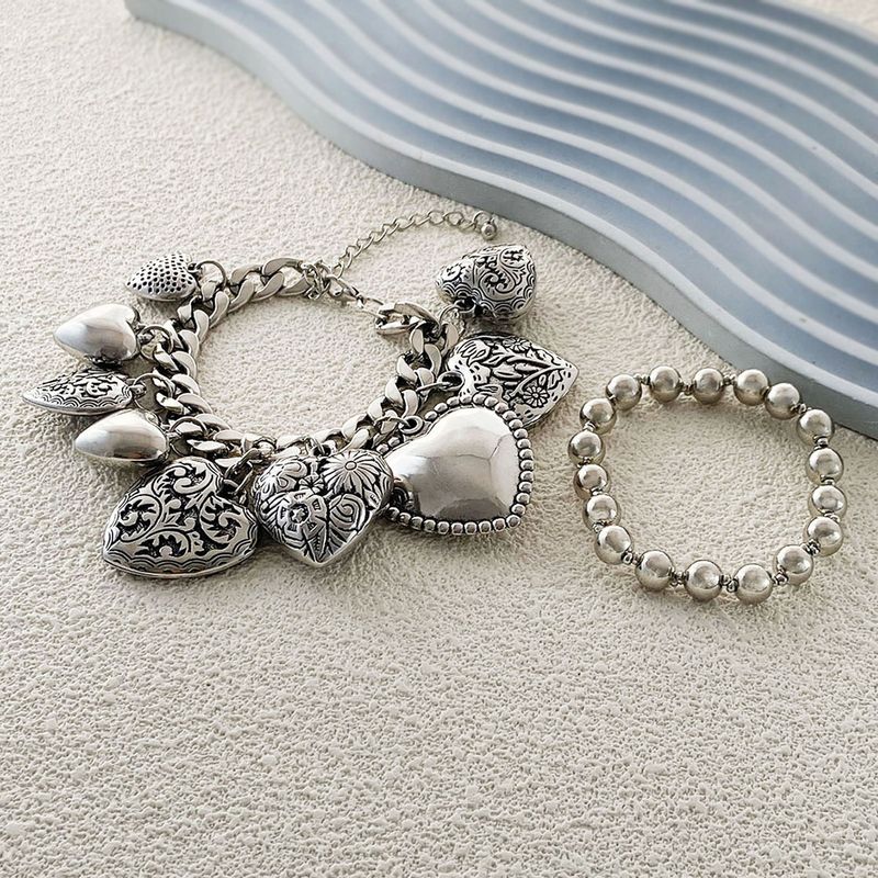 ZA Hip-Hop Punk Style Design Double Layer Stacked Chain Heart Pendant Bracelet Trendy Versatile Women_voghion.com