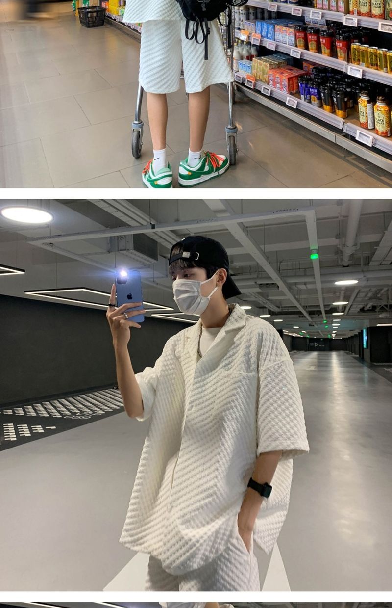 Summer Lightweight Casual Sports Men's White Short Sleeve Shirt Straight Waffle Shorts Set_voghion.com