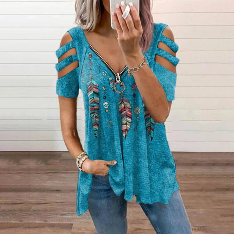 Nuova camicetta estiva da donna con spalle scoperte, stampa leopardata, cerniera, scollo a V, casual, ampia, primaverile, sexy, nuova camicetta da donna_voghion.com