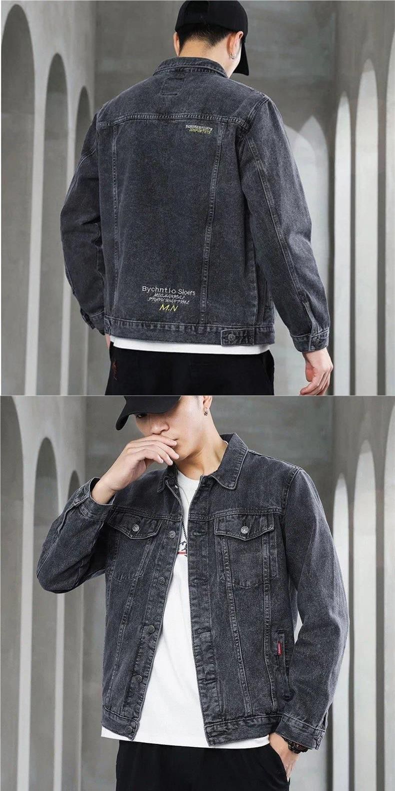 Retro Men's Denim Jacket Slim Fit Vintage Workwear Coat Grey Casual Spring Autumn Fashion Outerwear_voghion.com