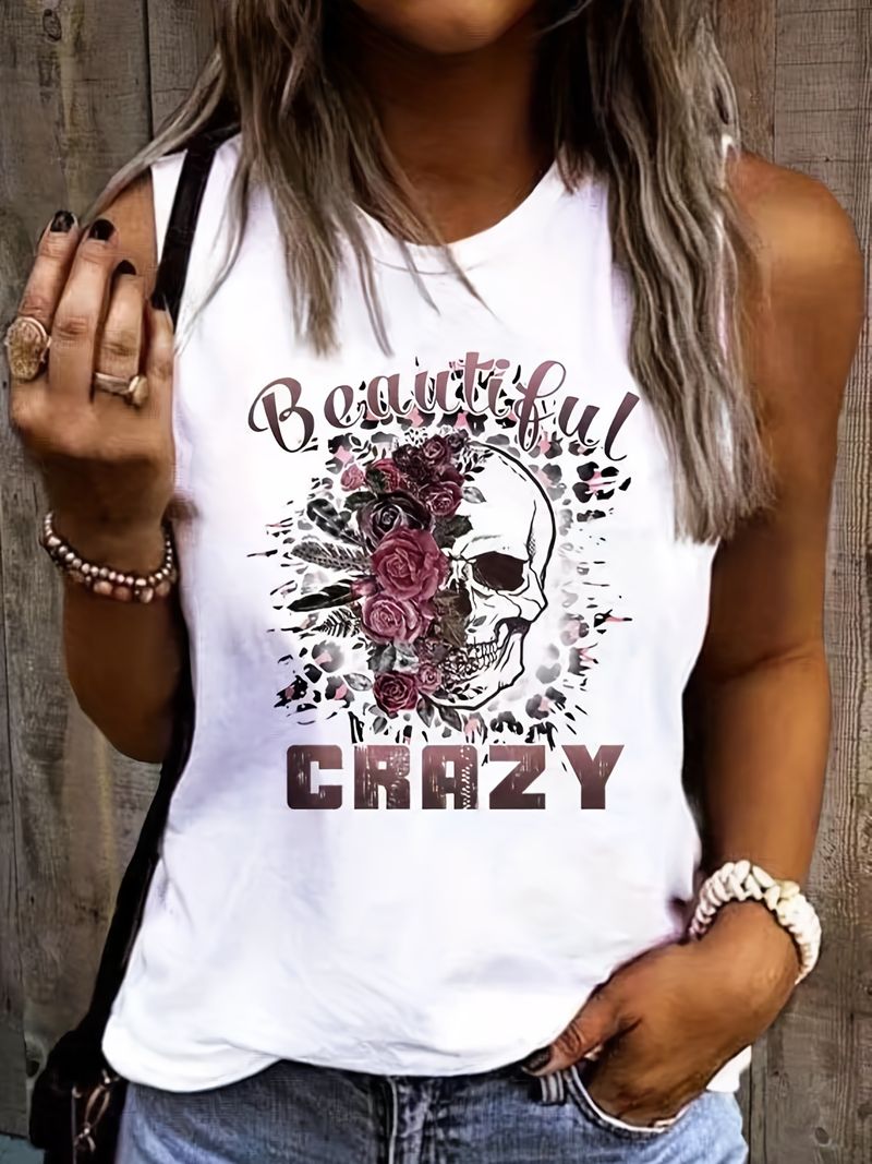Canotta estiva da donna con stampa floreale e scheletro, ampia e casual, senza maniche, ampia, stile streetwear, oversize, con scollo a V_voghion.com