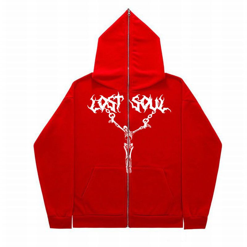 Men's Clothing full face zipper sweatshirt retro top skull iron chain print hoodie jacket_voghion.com