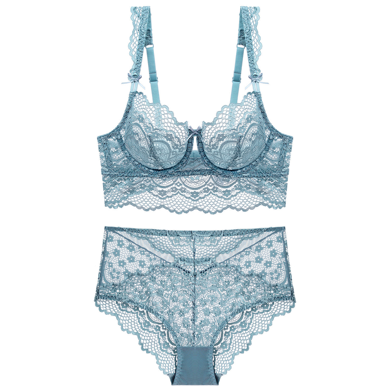 New sexy ultra-thin lace lingerie for women, comfortable breathable, with large chest and a small gathering size bra set_voghion.com