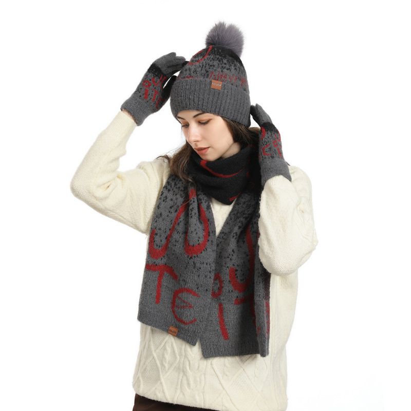 Fashion Winter Knitted Women's Jacquard Thickened Imitation Mink Scarf, Hat And Gloves Three-piece Set_voghion.com
