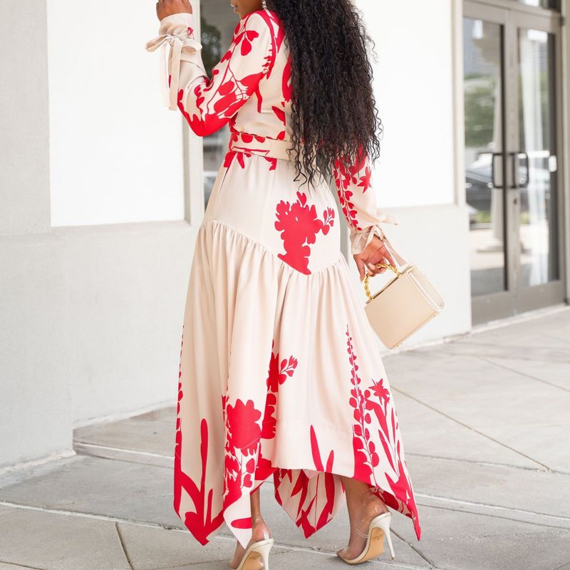 Damen Sommer neues langärmeliges bedrucktes Revers unregelmäßiges lockeres übergroßes Kleid_voghion.com