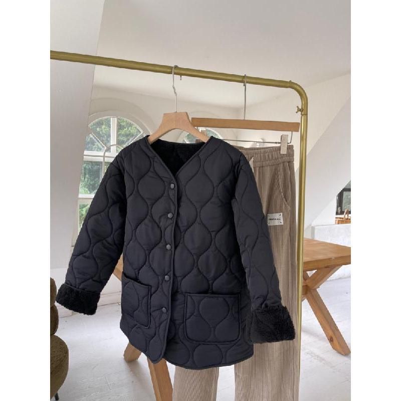 Leichter, gesteppter Puffermantel für Damen mit Lammwollbesatz – Locker geschnittene Winterjacke im koreanischen Stil für Wärme und Komfort_voghion.com