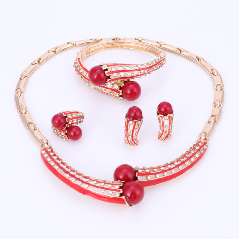 Damen-Set für Hochzeit, Braut, Brautjungfer, Kristall, künstliche Perlen, Halskette, baumelnde Ohrringe, Armreif, Ring, Party, Kostümschmuck-Set_voghion.com