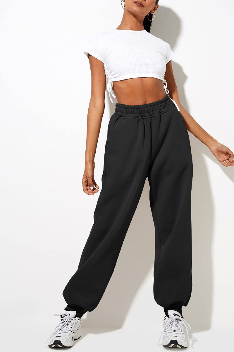 Pantaloni casual sportivi in tinta unita da donna con gambe larghe_voghion.com