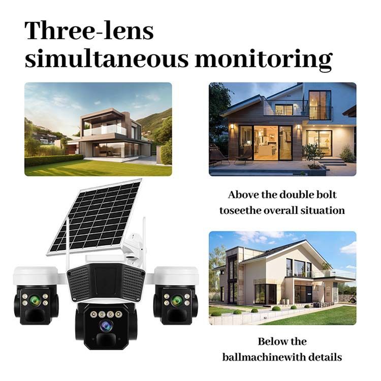 Telecamera di sicurezza solare 4G a tripla lente con HD da 6 MP, visione notturna e monitoraggio mobile remoto per uso esterno_voghion.com