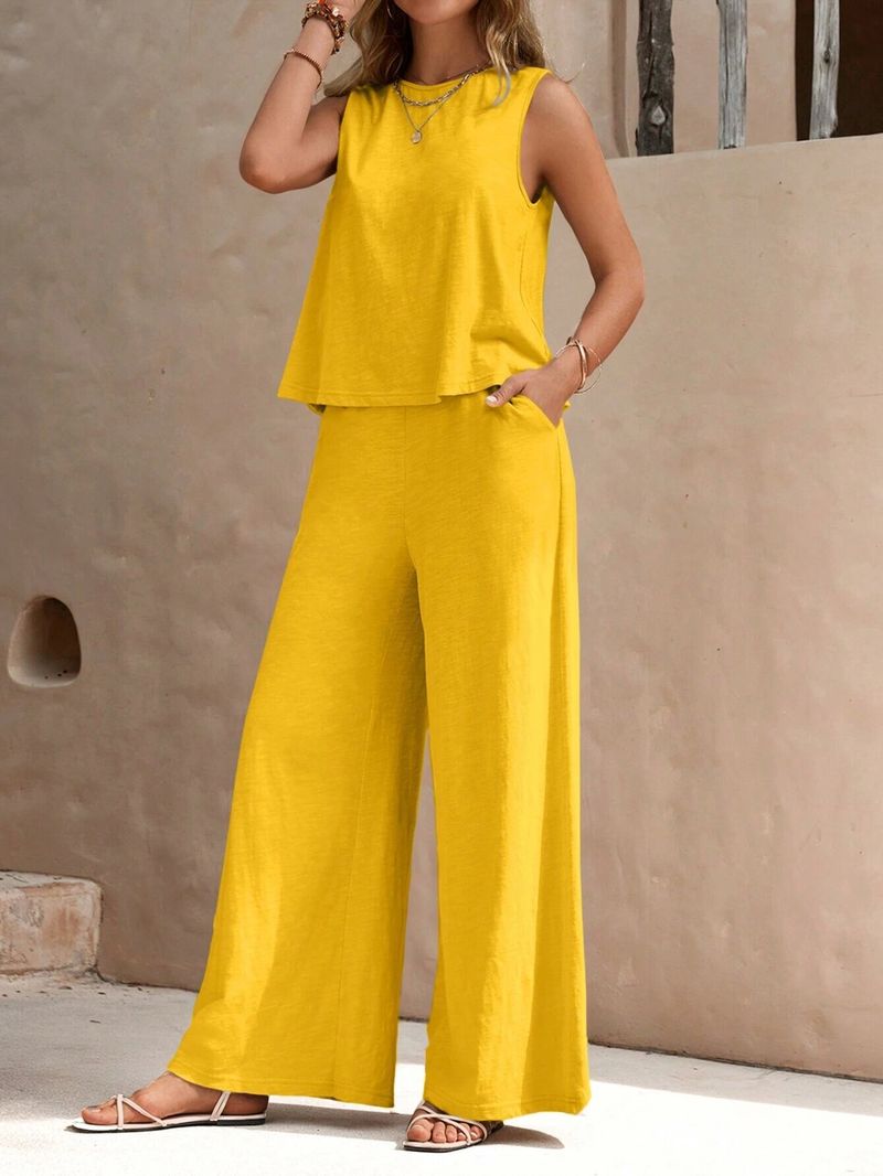 Set estivo in due pezzi in cotone e lino per donna, pullover ampio con scollo a V, completo casual per donna, elegante set moda nero per le vacanze_voghion.com