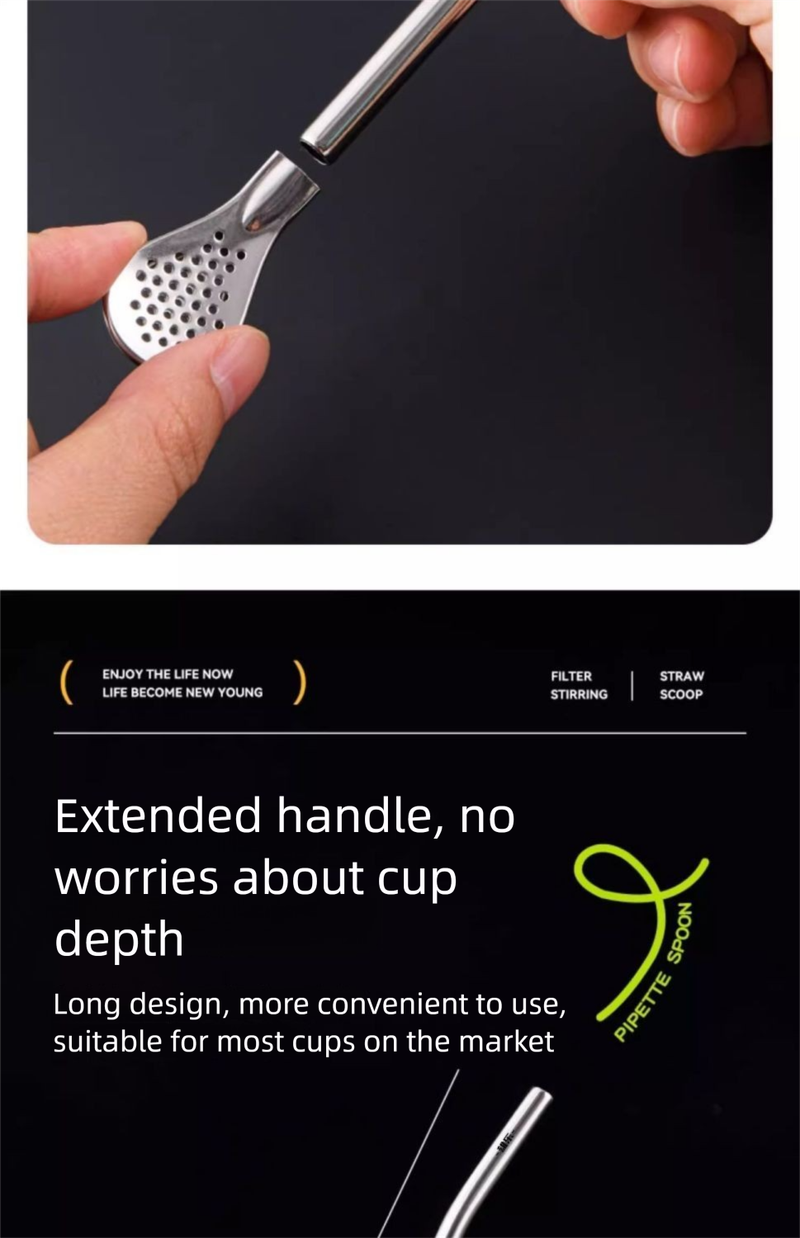 Xiongle 304 Stainless Steel Straw Stirring Extended Handle Office Home Cup Filter Residue Spoon_voghion.com