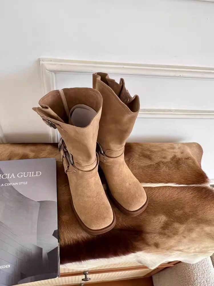 Matte Cowhide Western Cowboy Women's Genuine Leather Thick Heeled Short Boots, Square Toe Brown High Heels,_voghion.com