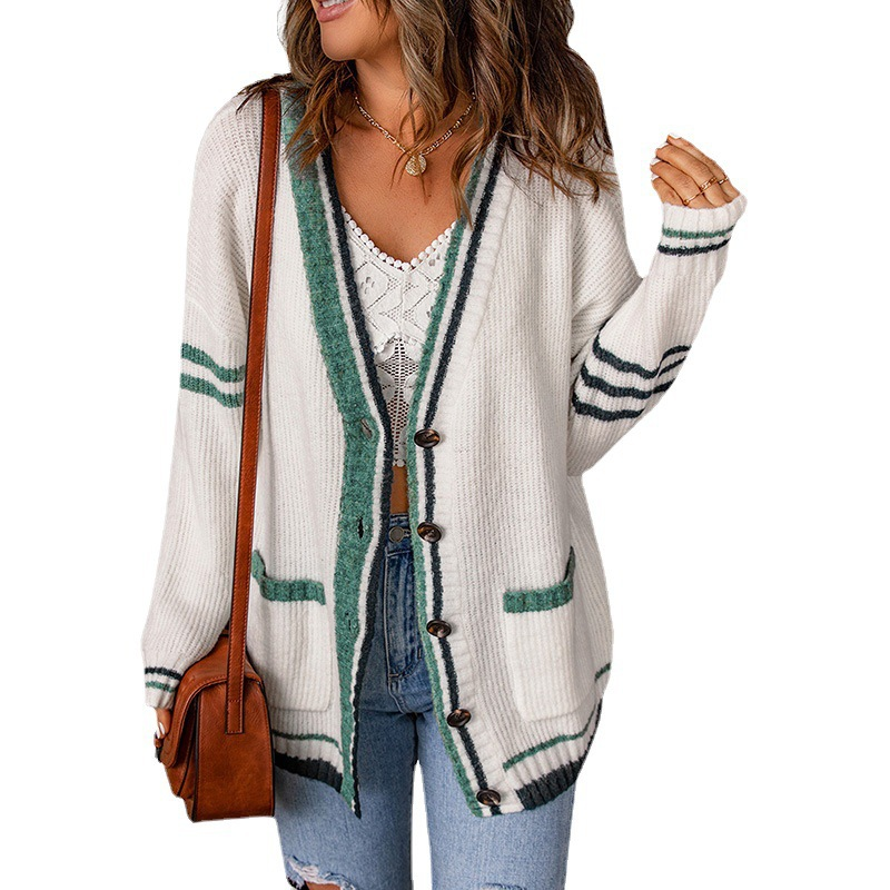Abbigliamento da donna maglione maglione cardigan a maniche lunghe a righe a contrasto di colore da donna_voghion.com