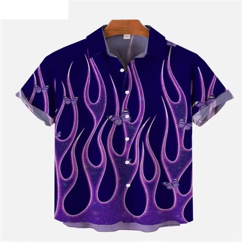 Herrenbekleidung Flammendruck Kurzarmhemd Mode Strandurlaub Revershemd Herren Sommer Button-Down-Hemd_voghion.com