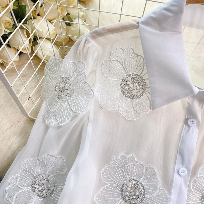 Dammekleeder Western-Stil Perlen-Pailletten-Dräidimensional Blummehemd fir Fraen Fréijoers-Nei-Modell Perspektiv-Mesh Franséisch Top_voghion.com