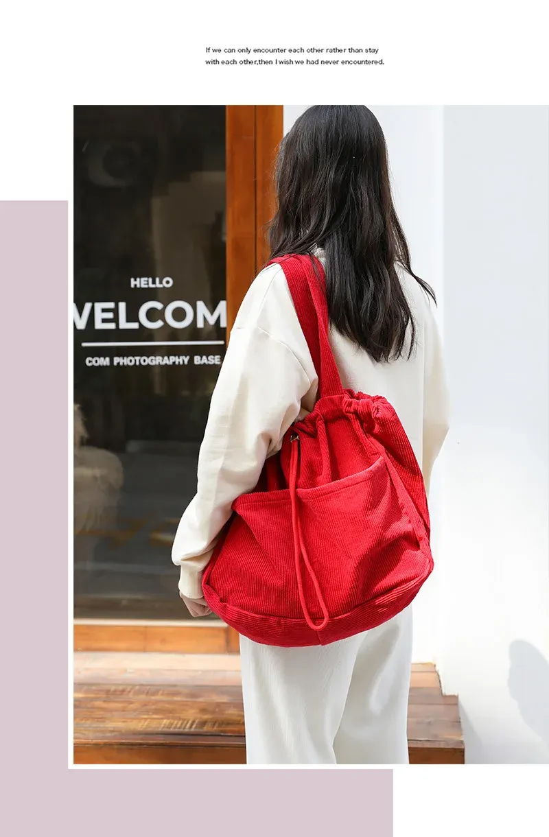 Borse casual semplici Borsa a tracolla in velluto a coste per studenti adolescenti Borsa da donna grande con coulisse Borsa per la spesa da donna_voghion.com