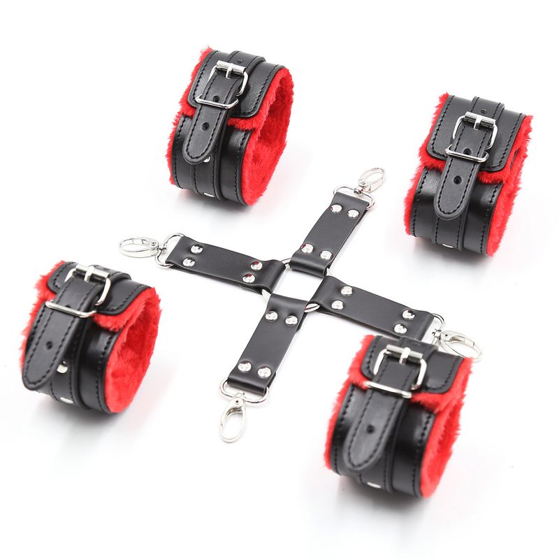 Handschellen & Fußfesseln aus Leder & Pelz - Rot/Schwarzes Bondage-Set mit Kreuzfessel_voghion.com