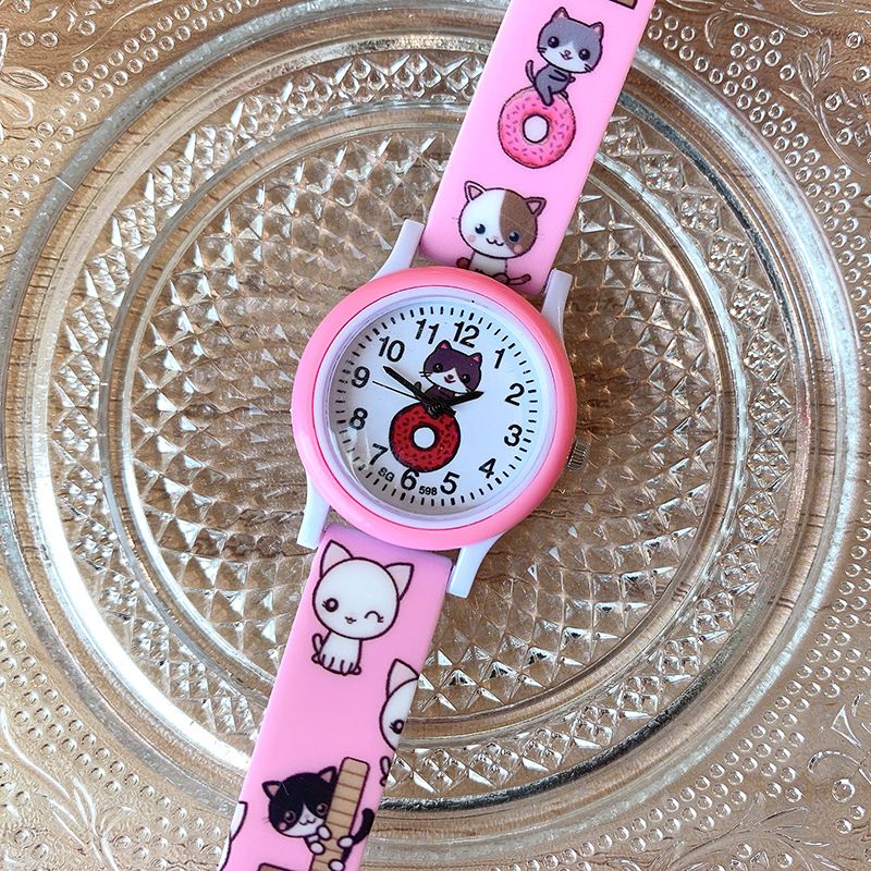 Orologio per bambini con stampa di una ragazza con tenero gattino dei cartoni animati, delicato orologio al quarzo con interesse infantile_voghion.com