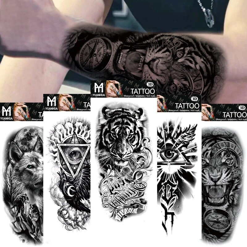 Impermeabile tatuaggio temporaneo finto braccio superiore testa di lupo umano totem testo arabo tatuaggio finto una tantum adesivi maschio femmina ragazzo ragazza_voghion.com
