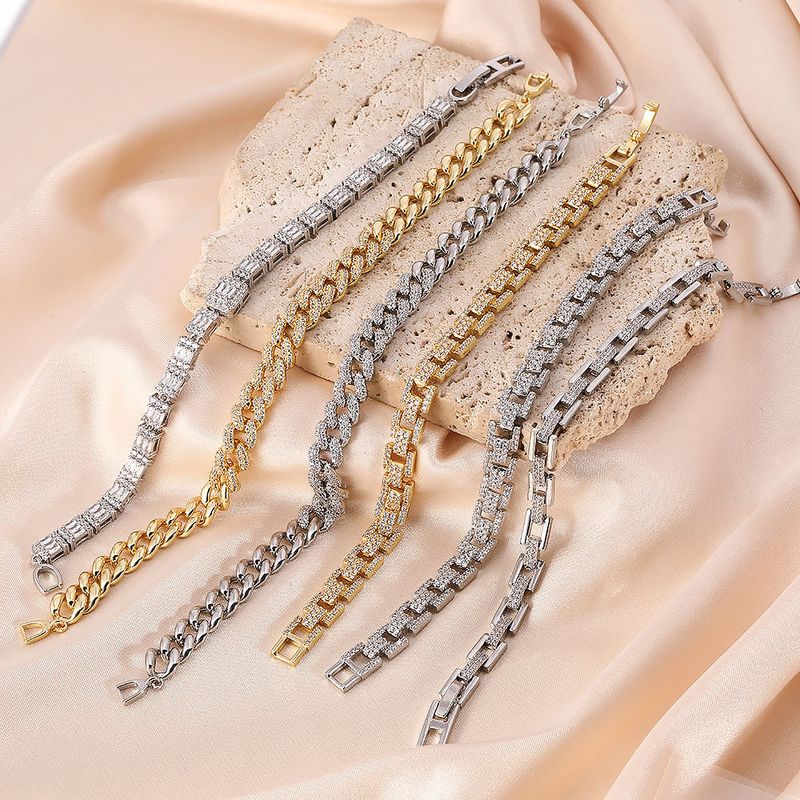 Nuovo braccialetto versatile di lusso leggero con catena cubana alla moda, zircone pieno, pietre preziose colorate, elegante braccialetto in rame micro intarsiato_voghion.com