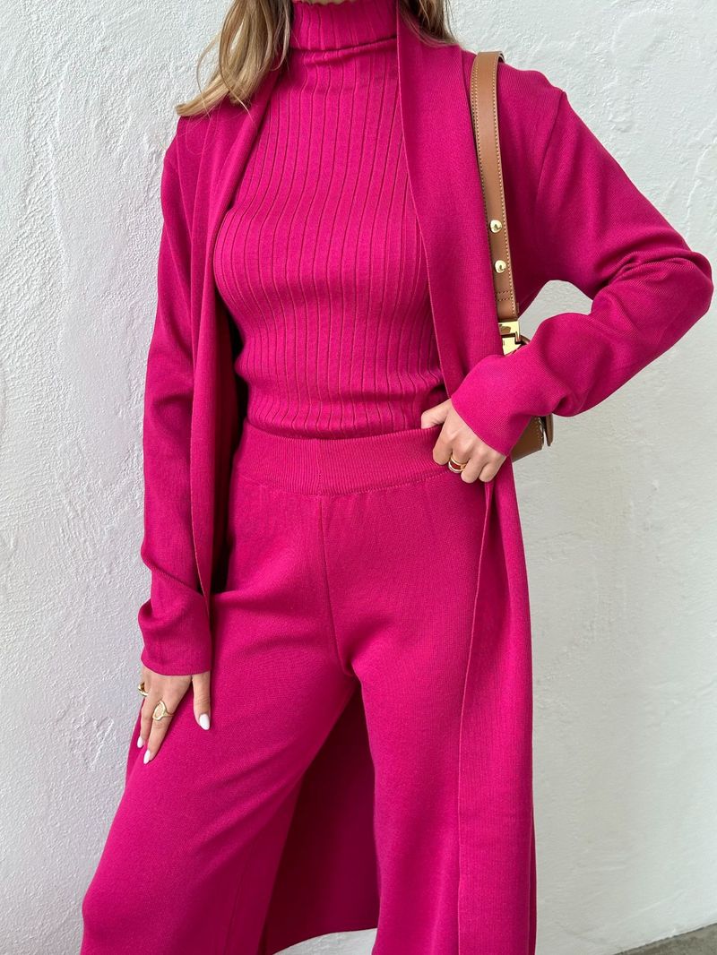 Women's Clothing loose casual knitted suit women's long shawl cardigan + turtleneck sweater + wide leg pants three piece suit_voghion.com