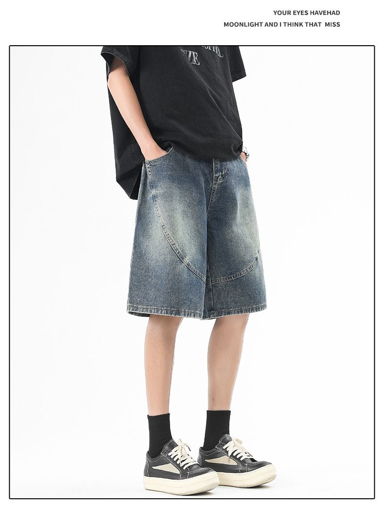 Herrenbekleidung Denim Beach Shorts Sommer Trendy Loose Semi Elastic Stitching Shorts_voghion.com