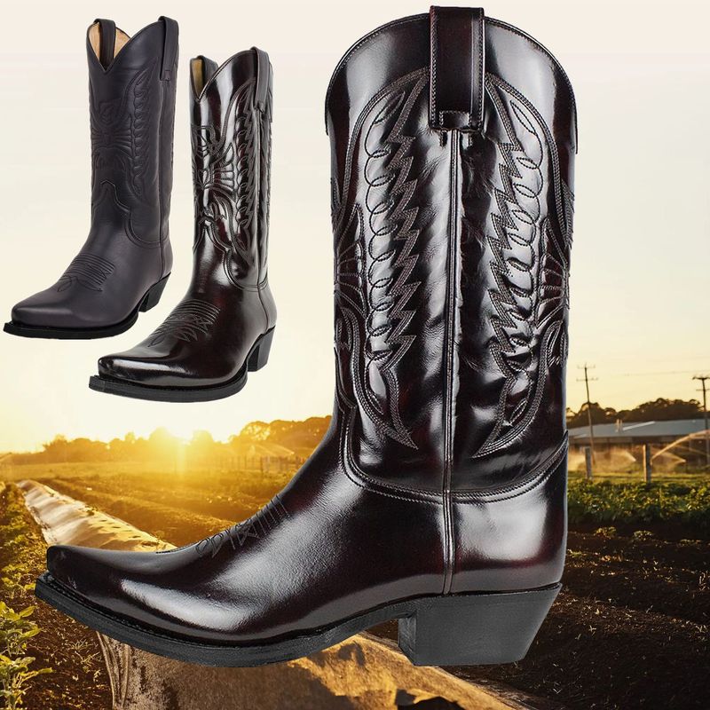 Kowbojskie buty męskie buty ze szpiczastym noskiem vintage kwadratowy nosek gruby obcas blokowy szpiczaste do połowy łydki skórzane buty kowbojskie_voghion.com
