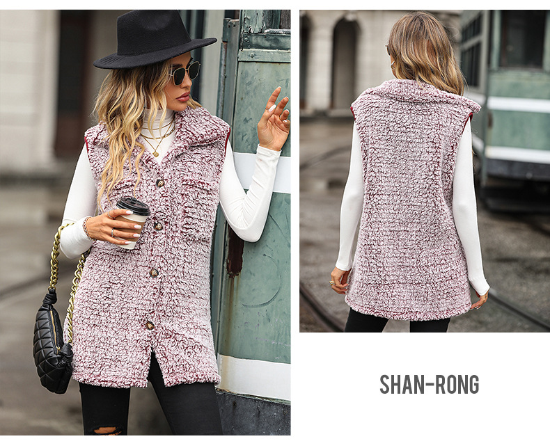 Damenbekleidung, Damen-Revers, ärmellos, lang, locker, lässig, verblasst, Blasen-Samt-Cardigan-Weste_voghion.com