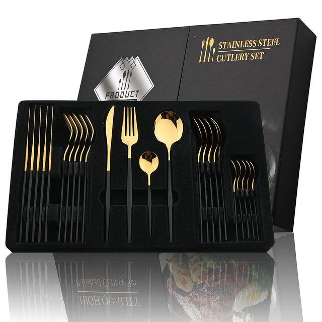 Set de tacâmuri aurite cu mâner negru, 24 buc, cuțit din oțel inoxidabil, furculiță, linguriță, set de tacâmuri, pentru festival, pentru bucătărie, cadou_voghion.com