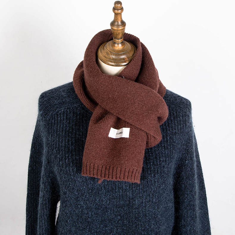 21 New Autumn Winter Woolen Korean Edition Male and Female Student Couple Acrylic Label Knitted Solid Color Scarf_voghion.com