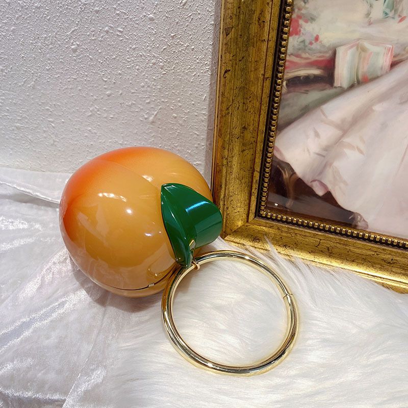 Niedliche kreative Kaki-Pfirsich-Fruchtform-Box-Nischendesign-Münzengeldbörse-Lippenstift-Handtasche-Umhängetasche mit rundem Ring_voghion.com