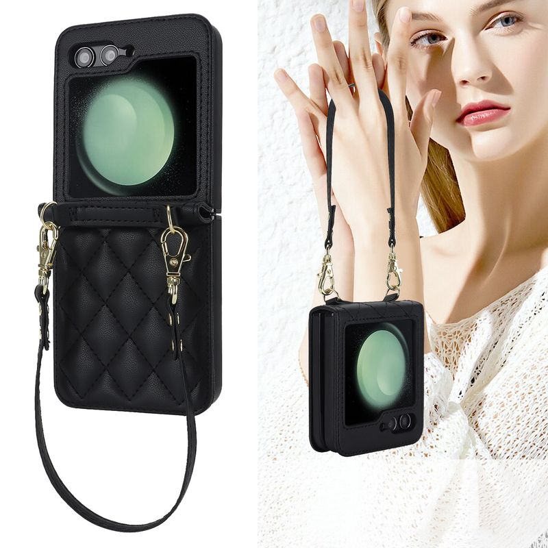 Nuova custodia per cellulare Z Flip6 per donna Custodia protettiva a tracolla Samsung Flip4 Custodia in pelle per cellulare a quadri_voghion.com