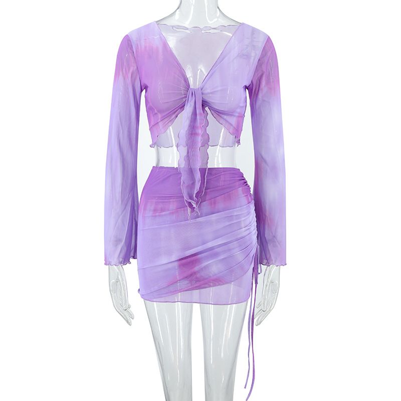 Women's tie dye printed V-neck strap with gradient color horn mesh long sleeve skirt set_voghion.com