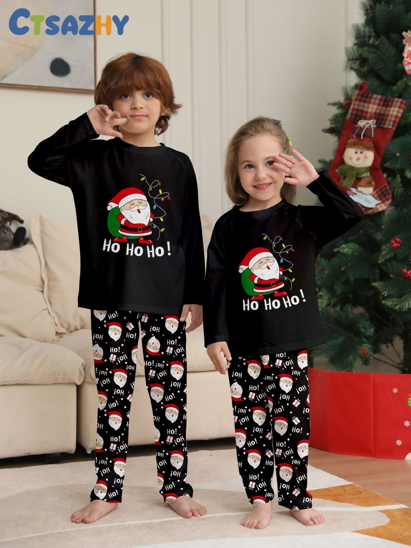 Passendes Familien-Pyjama-Set mit Weihnachtsmann-Aufdruck – Schwarze, gemütliche Nachtwäsche für Eltern und Kinder (S–4XL, Hundegrößen inbegriffen)_voghion.com