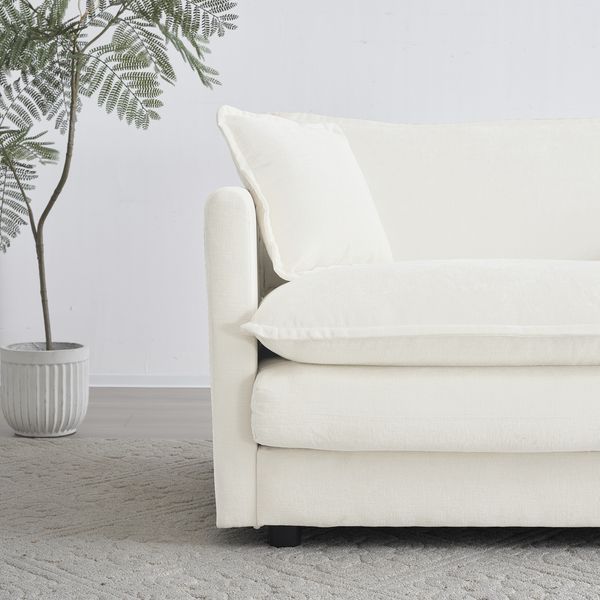 Comfy Deep Single Seat Sofa Upholstered Reading Armchair Living Room Chair White Chenille Fabric , 1 Toss Pillow_voghion.com