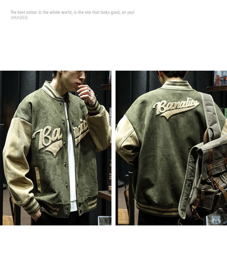 Jachetă bomber verde de primăvară și toamnă, model retro, jachetă bărbătească, elegantă, brodată, uniformă de baseball pentru cupluri_voghion.com