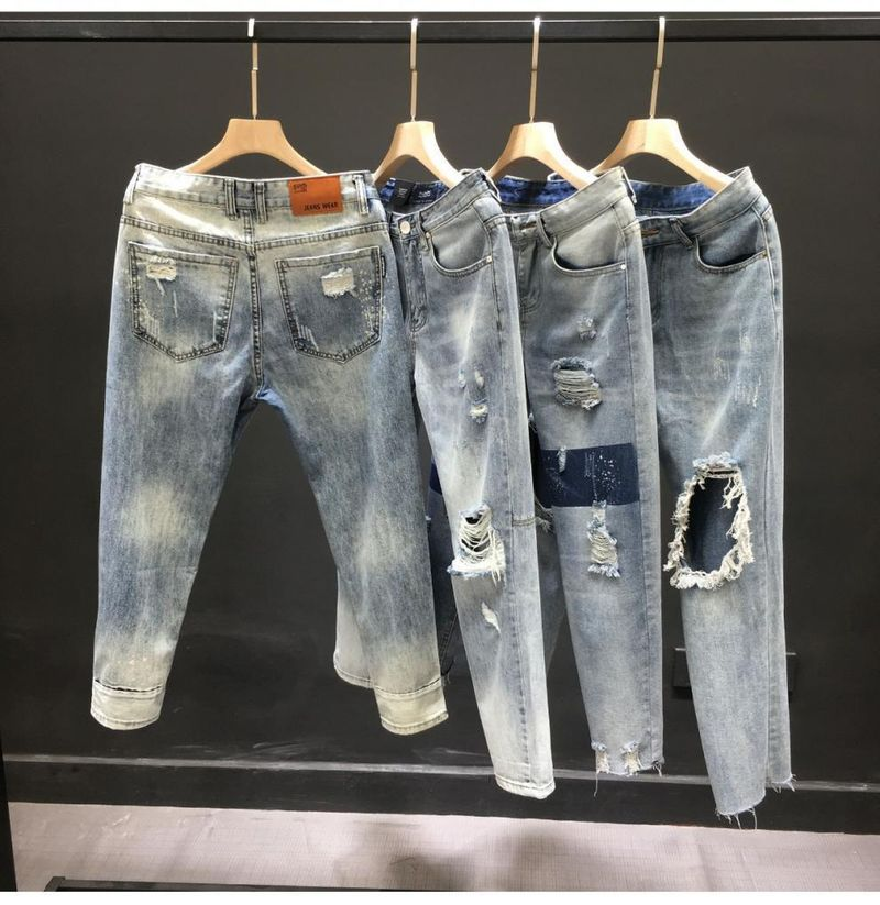 Zerrissene Jeans Herren Hong Kong Stil Neue Marke Jugendmode Neun Punkte Schlanke Füße Trendy Bettlerhose_voghion.com