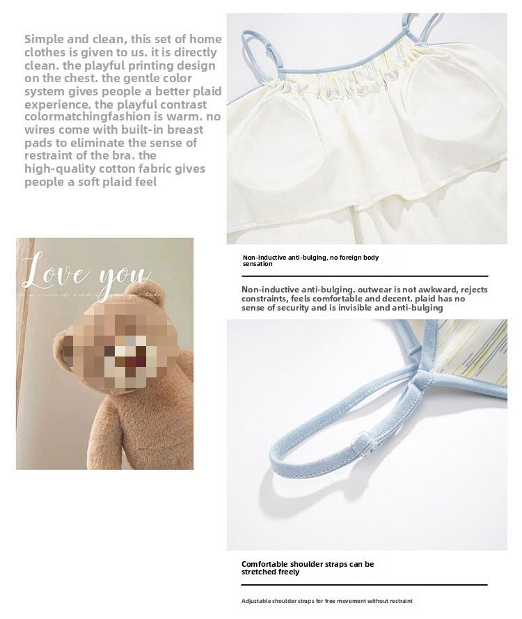 Lässiges Sommer-Pyjama-Set | Lockere Hosenträger für Damen, 100 % Baumwolle, Größe S – Frische Shorts mit Brustpolstern_voghion.com