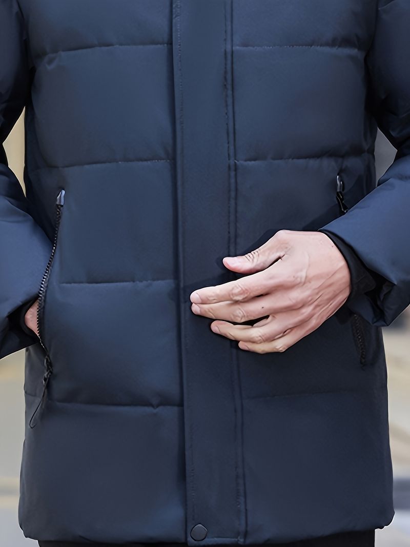 Giacca invernale da uomo resistente con cappuccio e chiusura a zip intera - Cappotto antipioggia, profili bianchi puri e cerniere dorate,_voghion.com