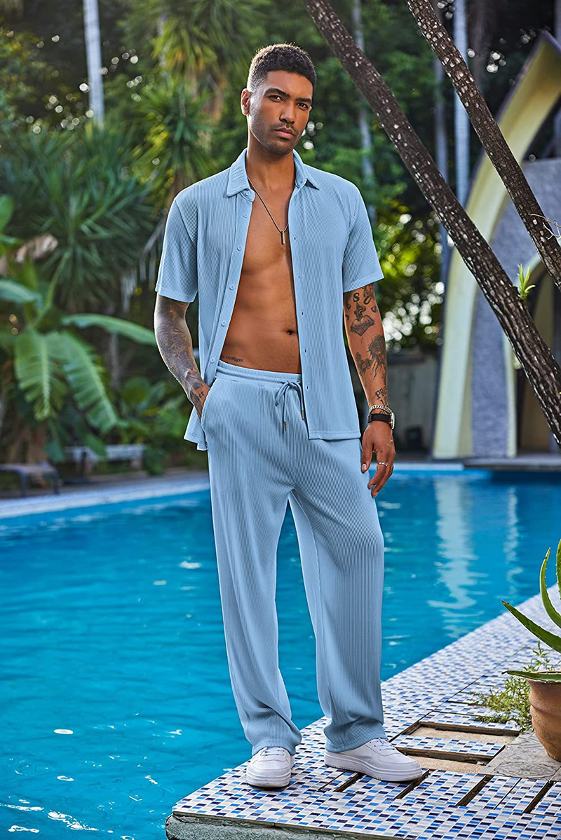 Calças compridas de manga curta de cor sólida masculina nova solta conjunto casual_voghion.com