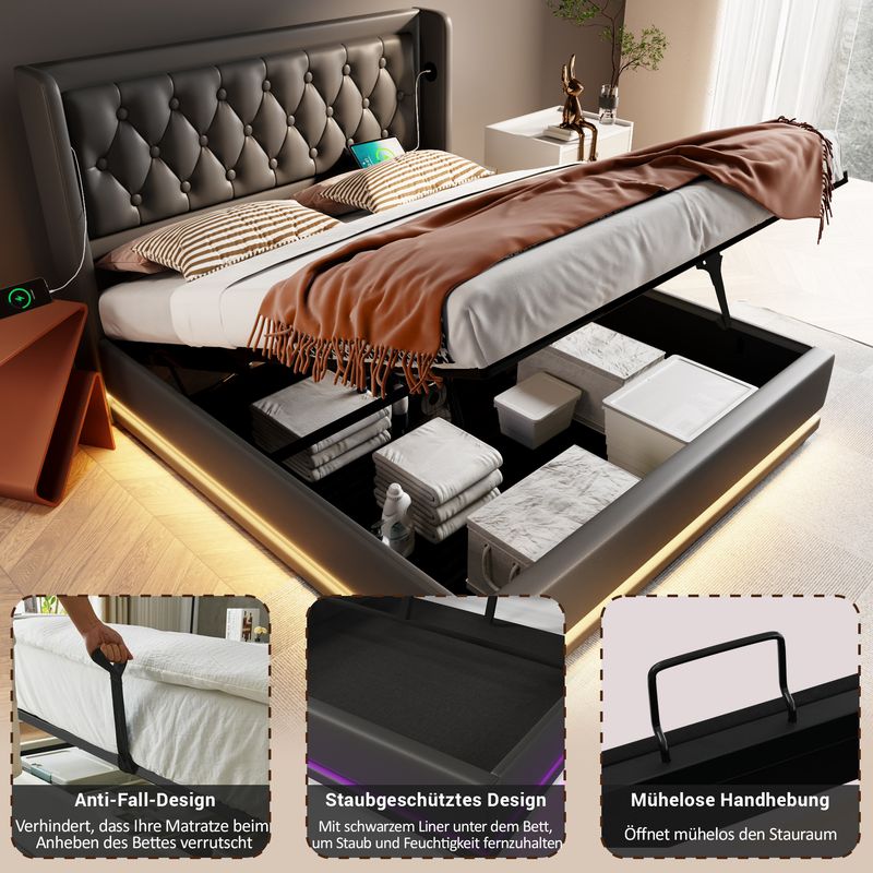 Lit double 160 x 200 cm, matelas en polyuréthane noir, lit coffre hydraulique avec chargement USB Type-C et éclairage LED sur 3 côtés, tête de lit rembourrée (matelas inclus)._voghion.com