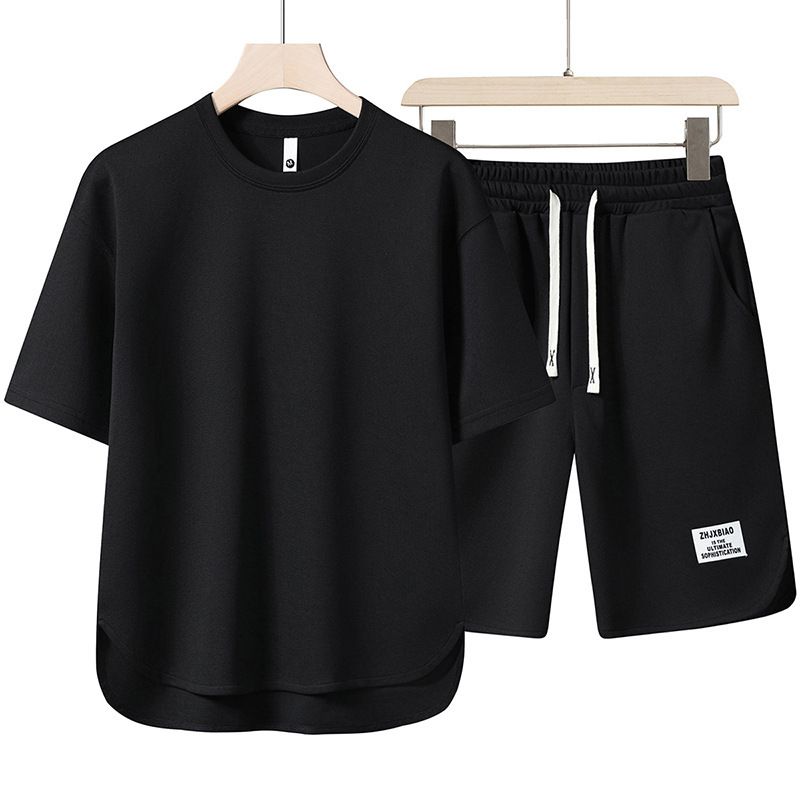 Summer Short Men's Round Neck T-Shirt High-end Solid Color Half Sleeve Split Thin Breathable Five-point Pants Two-piece_voghion.com