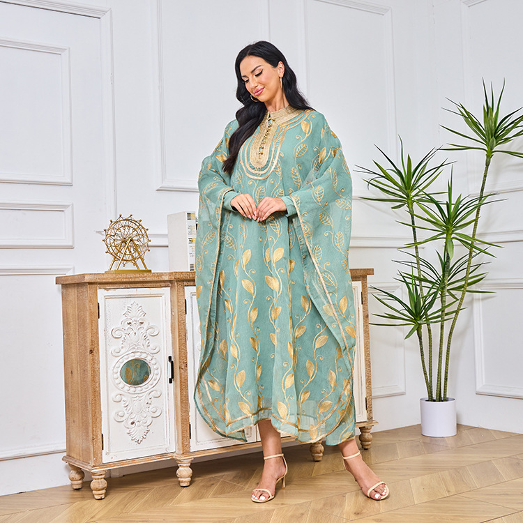 Damenmode Baumwollgarn bestickt Goldband muslimische Robe Weste zweiteiliges Set Abaya Kleid_voghion.com
