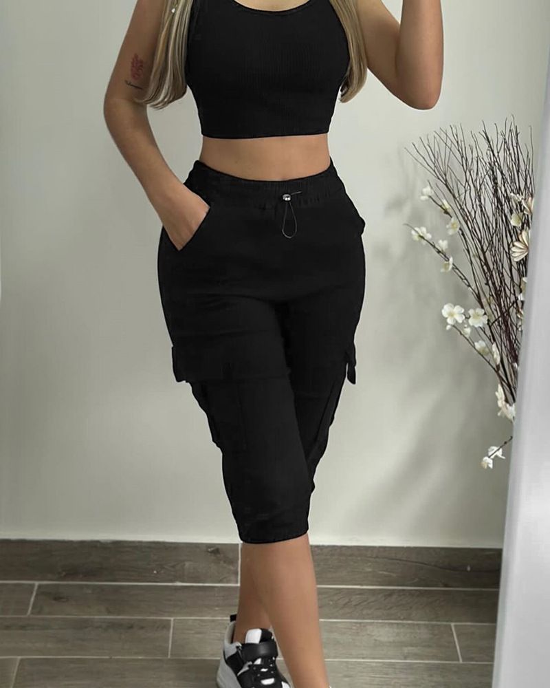 New Tropical Khaki Casual Patch Pocket Elastic Cropped Pants_voghion.com