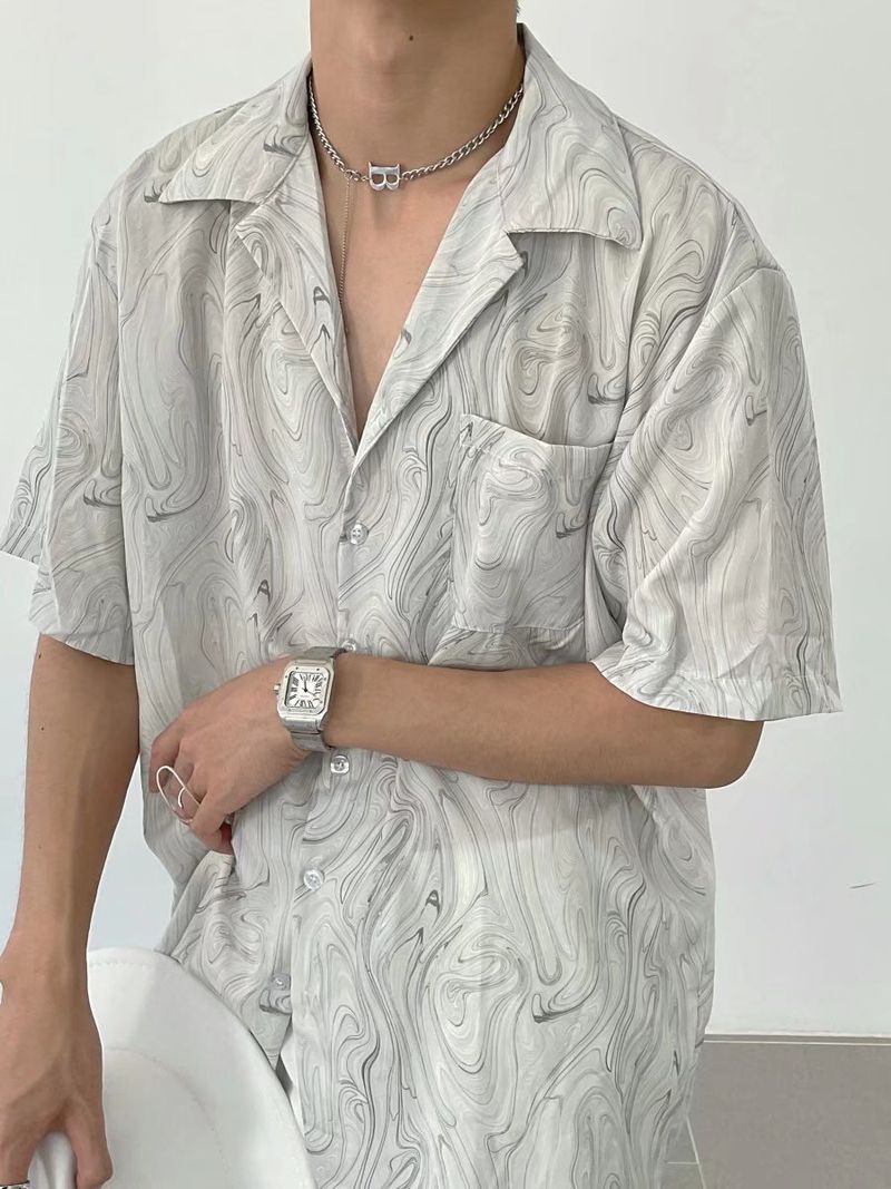 Unschlagbare Qualität Ice Silk Ancient Hanging Wave Pattern Kurzarm Flower Men im Sommer, lockeres lässiges Strandhemd mit kubanischem Kragen für_voghion.com