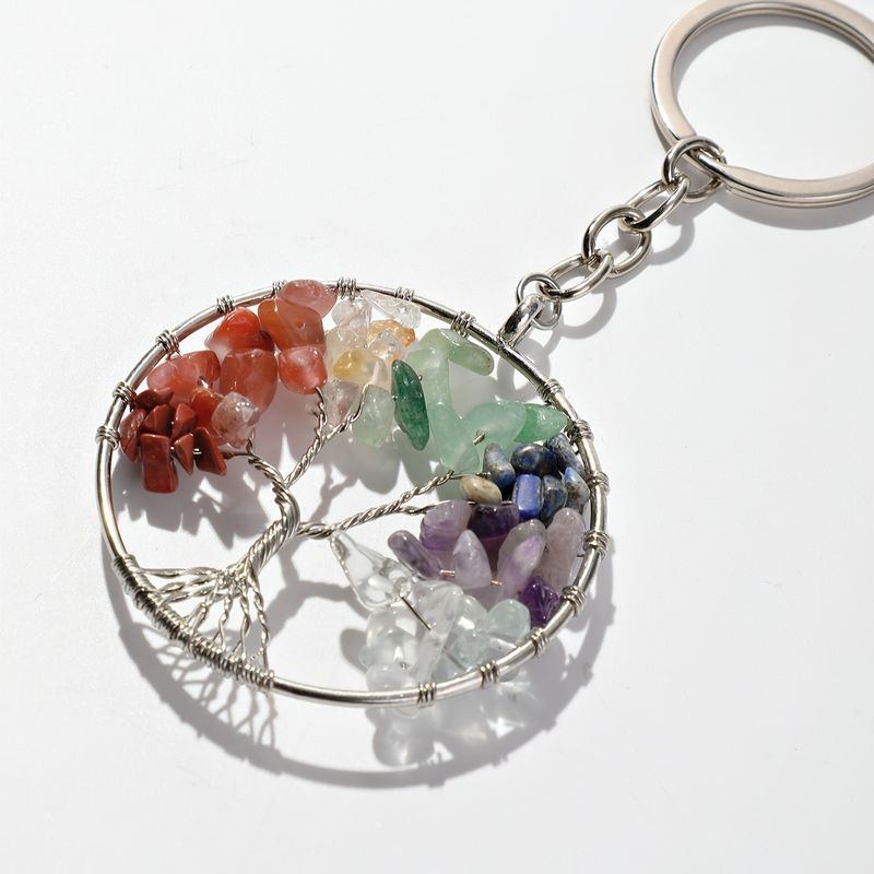 Llavero vintage con árbol de la vida de cristal de grava natural de 7 colores, redondo, colgante para bolso_voghion.com