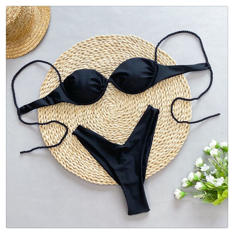 Yeni Çelik Tepsi Bikini Kadın Tatil Sınır Ötesi Seksi Bölünmüş Mayo Plaj Düz Renk Mayo_voghion.com