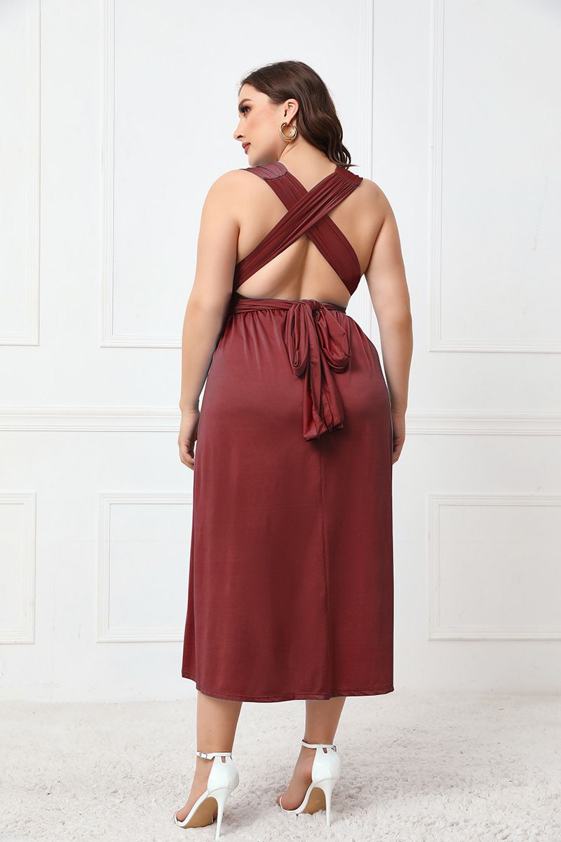 Women's dress long skirt sexy backless dress summer strap cross V-neck mid-length skirt_voghion.com