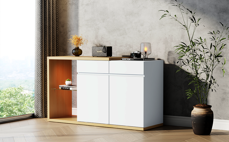Buffet LED 120 cm de large, meuble de rangement multifonctionnel avec 2 portes et 2 tiroirs, meuble buffet avec éclairage LED_voghion.com